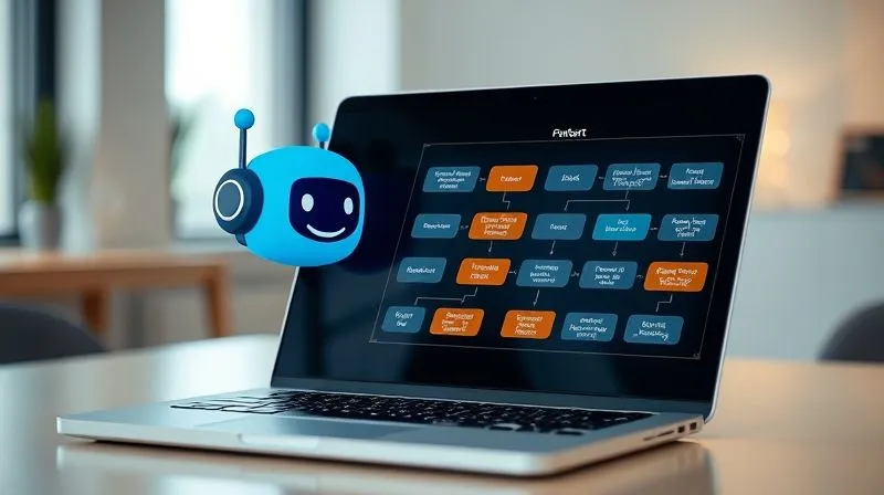 A photorealistic, professional photography, 8K, cinematic lighting, sharp focus, depth of field, shot on a high-end DSLR of a friendly, glowing AI chatbot icon interacting with a stylized digital flowchart, representing automated lead qualification. The background is a clean, modern workspace with a laptop open, slightly blurred.