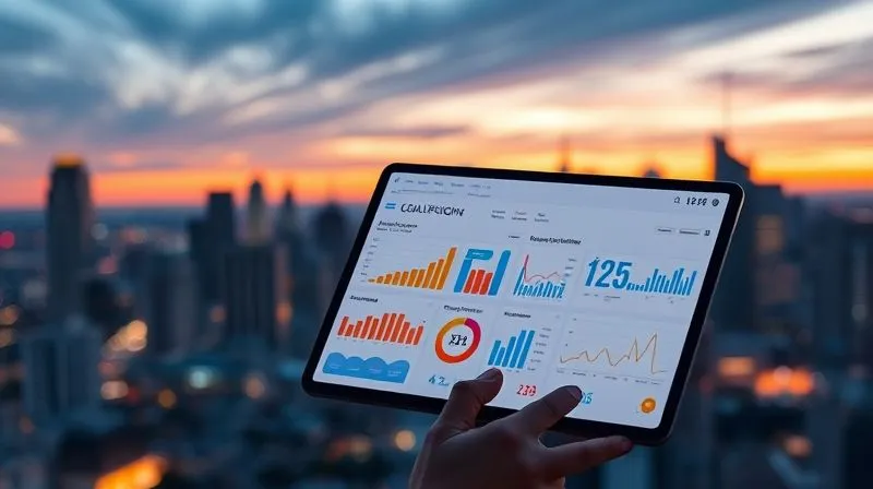 A photorealistic, professional photography, 8K, cinematic lighting, sharp focus, depth of field, shot on a high-end DSLR of a freelance professional, male or female, confidently reviewing a dashboard on a tablet, displaying various charts and metrics related to lead qualification and bot performance. The background is a blurred, bustling city skyline at sunset, symbolizing growth and opportunity.