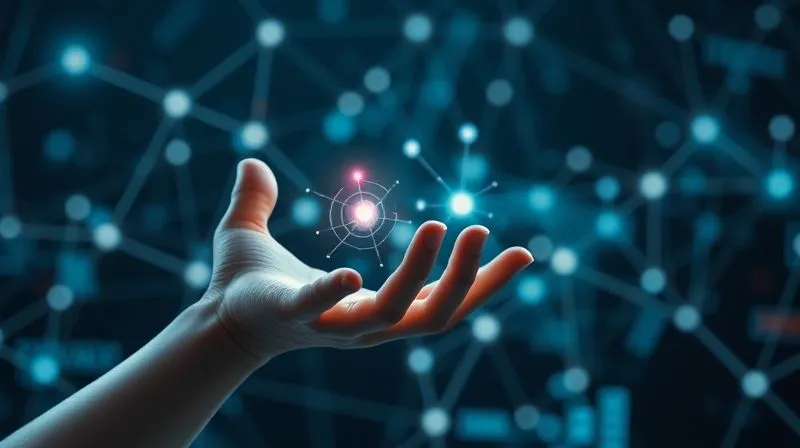 A photorealistic, professional photography, 8K, cinematic lighting, sharp focus, depth of field, shot on a high-end DSLR of a futuristic, sleek human hand (possibly robotic/holographic) reaching out to interact with multiple glowing, interconnected data points and lines, forming a complex network. The background is a dark, abstract digital landscape, symbolizing advanced AI and data analysis. The overall mood is innovative and forward-thinking.