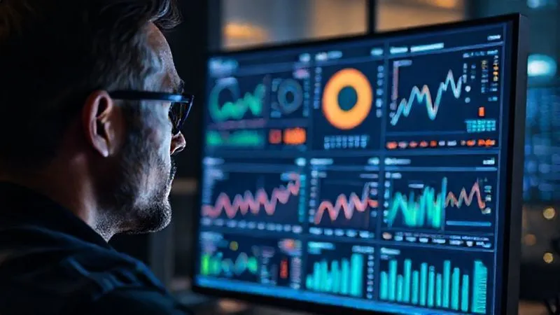 A person looking intently at multiple analytics dashboards on a computer screen, showing various graphs and data points, professional setting, cinematic lighting, sharp focus on the data, depth of field blurring the background, 8K hyper-detailed, professional photography, shot on a high-end DSLR.