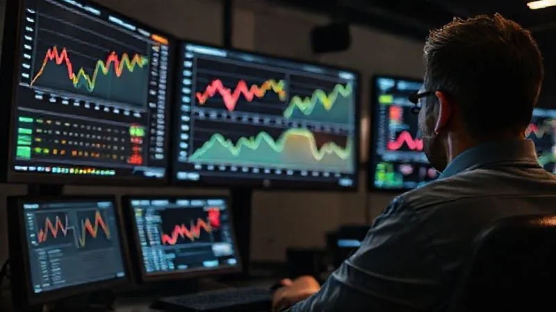A person monitoring multiple screens with real-time data visualizations, showing a steady upward trend after an initial dip, suggesting successful recovery, professional setting, cinematic lighting, sharp focus on the data, depth of field blurring the background, 8K hyper-detailed, professional photography, shot on a high-end DSLR.