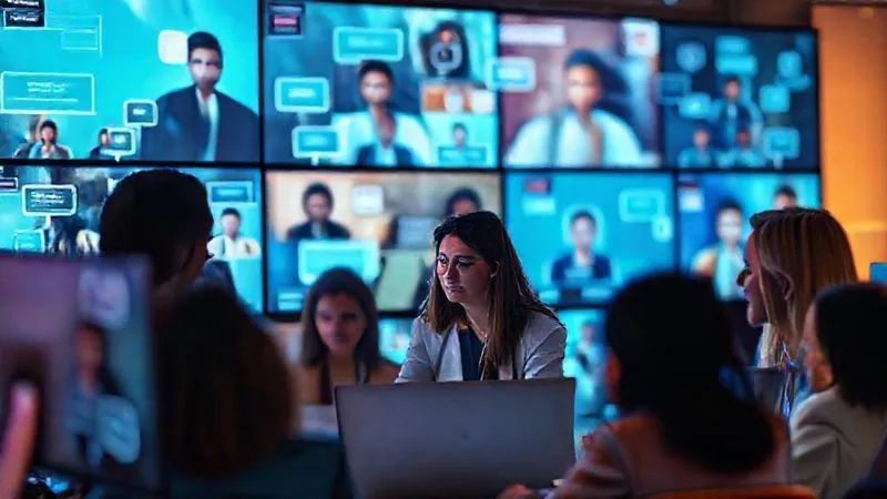A photorealistic image of a diverse group of professionals actively engaged in a vibrant online forum discussion on multiple screens, with speech bubbles and glowing connections representing collaborative knowledge sharing. Cinematic lighting highlights their focused faces and the digital interface, creating a sense of community and expertise. Sharp focus on the interactions, depth of field blurring the background. Shot on a high-end DSLR, 8K hyper-detailed.