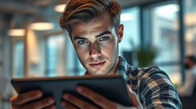 A photorealistic image of a person with an expression of intense curiosity and openness, not defensiveness, looking at a tablet displaying detailed project notes. The setting is a modern, brightly lit office space, with a subtle glow around the tablet, cinematic lighting highlighting their focused gaze, sharp focus on the person and tablet, depth of field blurring the background, 8K hyper-detailed, shot on a high-end DSLR.