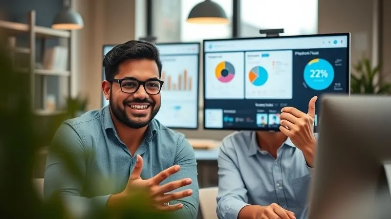 A photorealistic image of two people, a freelancer and a client, engaged in a positive video call, smiling and gesturing constructively, symbolizing effective communication and a strong professional relationship. The screens show project dashboards with positive metrics. Cinematic lighting, sharp focus on their faces, depth of field blurring the background office elements, 8K hyper-detailed, shot on a high-end DSLR.