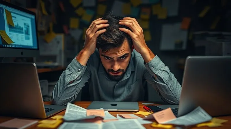 A photorealistic image of a freelancer looking overwhelmed, surrounded by chaotic sticky notes, multiple open laptop screens, and scattered papers. The freelancer has a distressed and anxious expression, holding their head in their hands. The environment is dimly lit, emphasizing the feeling of being trapped. Cinematic lighting, sharp focus on the freelancer's face, depth of field blurring the background chaos, 8K hyper-detailed, professional photography, shot on a high-end DSLR.