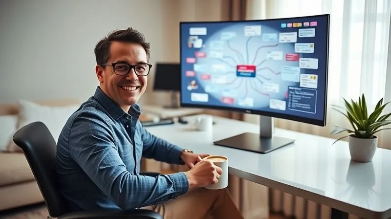 A photorealistic image of a freelancer, calm and focused, sitting at a clean, modern desk with a large, vibrant, and highly organized digital mind map displayed prominently on a curved monitor. The freelancer has a confident and serene smile, a pen in hand, and a cup of coffee. Soft, warm cinematic lighting bathes the scene, highlighting the clarity of the mind map. The background is slightly blurred, suggesting a calm and productive home office environment. Sharp focus on the mind map and freelancer, depth of field, 8K hyper-detailed, professional photography, shot on a high-end DSLR.