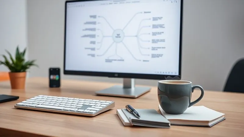 A photorealistic image of a freelancer's highly organized and minimalist desk. A large, clean monitor displays a digital mind map showing interconnected tasks, project phases, and personal productivity hacks. On the desk, there are only essential items: a high-quality mechanical keyboard, a precise mouse, a sleek notebook, a pen, and a stylish ceramic mug with steaming tea. The background is slightly blurred, suggesting a calm, well-lit, and productive home office environment. Cinematic lighting, sharp focus, depth of field, 8K hyper-detailed, professional photography, shot on a high-end DSLR.
