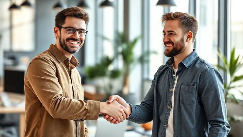 A photorealistic image of a web developer and a client shaking hands warmly, a genuine smile on both faces, in a modern, sunlit office. The background subtly blurs, emphasizing the human connection and trust. Professional photography, 8K, cinematic lighting, sharp focus on the handshake, depth of field.
