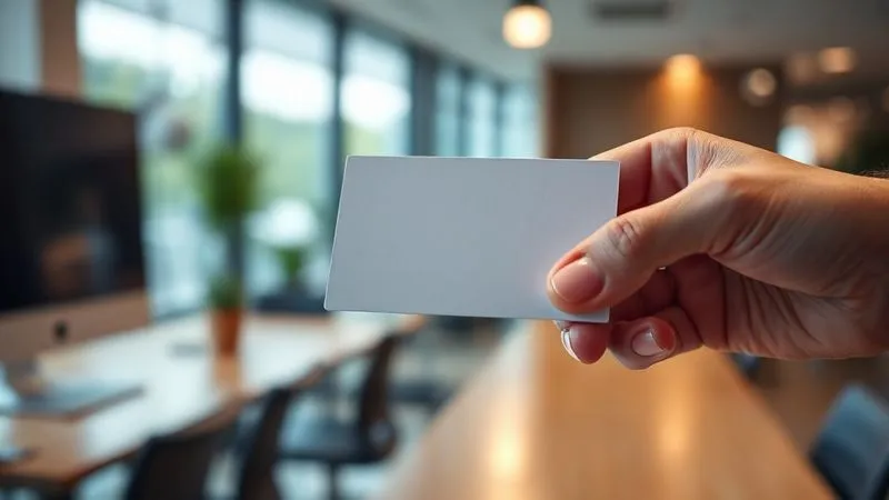 A photorealistic close-up of a professional business card being exchanged, with a subtle glow around it, symbolizing strong personal branding and connection. The background is a modern, blurred office setting. Professional photography, 8K, cinematic lighting, sharp focus on the card, depth of field.