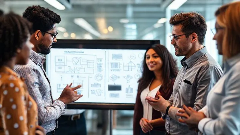 A photorealistic image of a diverse group of professionals collaborating around a digital whiteboard, showcasing both technical diagrams and abstract creative ideas. The scene has cinematic lighting, sharp focus on the individuals interacting, depth of field blurring the background, 8K hyper-detailed, professional photography, symbolizing hybrid skills and teamwork.