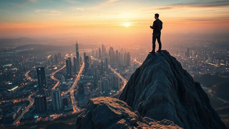 A photorealistic image of a web developer standing confidently at the peak of a digital mountain, overlooking a vibrant, futuristic cityscape with subtle AI elements, symbolizing overcoming challenges and achieving success in the digital era. The scene has dramatic cinematic lighting, sharp focus on the developer, depth of field blurring the city, 8K hyper-detailed, professional photography.