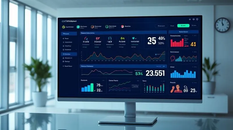 A photorealistic image of a sleek, modern CRM dashboard on a large monitor, displaying a sales pipeline with various stages, client profiles, and automated task reminders. The screen glows with data visualizations, charts, and graphs, set in a professional, minimalist office environment with cinematic lighting. Sharp focus on the dashboard, depth of field blurring the background. 8K, shot on a high-end DSLR.