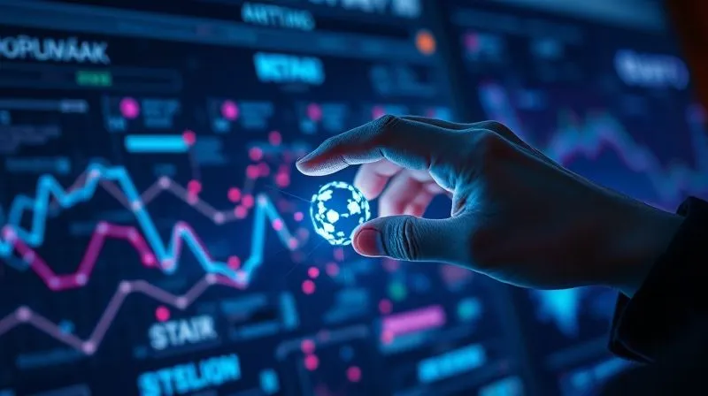 A photorealistic image of a futuristic data analysis dashboard, with complex algorithms and neural networks visualized as glowing lines and nodes. A human hand (partially visible) hovers over a holographic interface, interacting with data points that represent website traffic and user behavior patterns. Cinematic blue and purple lighting, sharp focus on the data visualization, depth of field blurring the background. 8K, shot on a high-end DSLR.