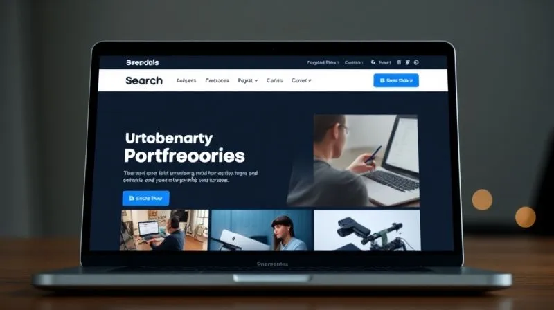 A photorealistic image of a clean, minimalist web browser displaying a beautifully designed professional portfolio website for a web freelancer. The website features stunning project showcases and clear calls to action. In the background, a faint glow emanates from a search bar, symbolizing SEO and discoverability. Professional photography, 8K, cinematic lighting, sharp focus on the website content, depth of field blurring the background. Shot on a high-end DSLR.