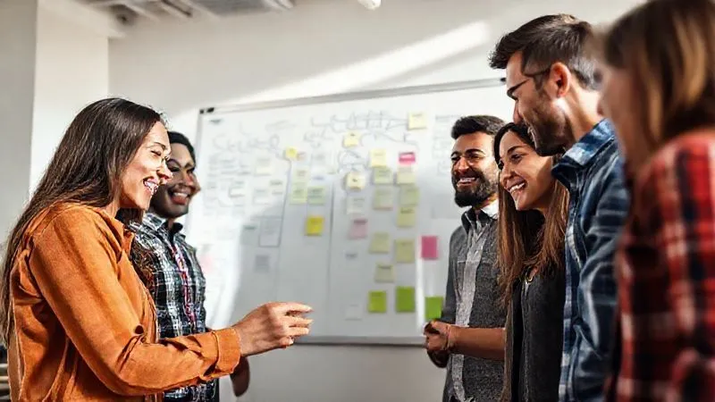 A photorealistic close-up of a diverse group of young, enthusiastic professionals collaborating intensely around a whiteboard covered with ideas and sticky notes in a modern, minimalist tech startup office. The scene is bathed in natural light, with sharp focus on their faces expressing determination and innovation. 8K hyper-detailed, professional photography, cinematic lighting, depth of field, shot on a high-end DSLR.