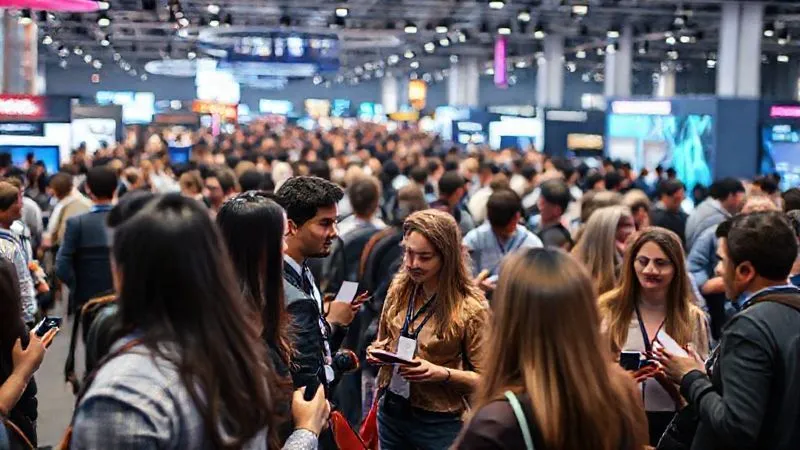 A photorealistic, vibrant image of a bustling tech conference floor, with diverse professionals networking, exchanging business cards, and engaging in lively conversations. The background shows futuristic displays and startup booths. Cinematic lighting, sharp focus on the interactions in the foreground, depth of field blurring the distant crowd, 8K hyper-detailed, professional photography, shot on a high-end DSLR.