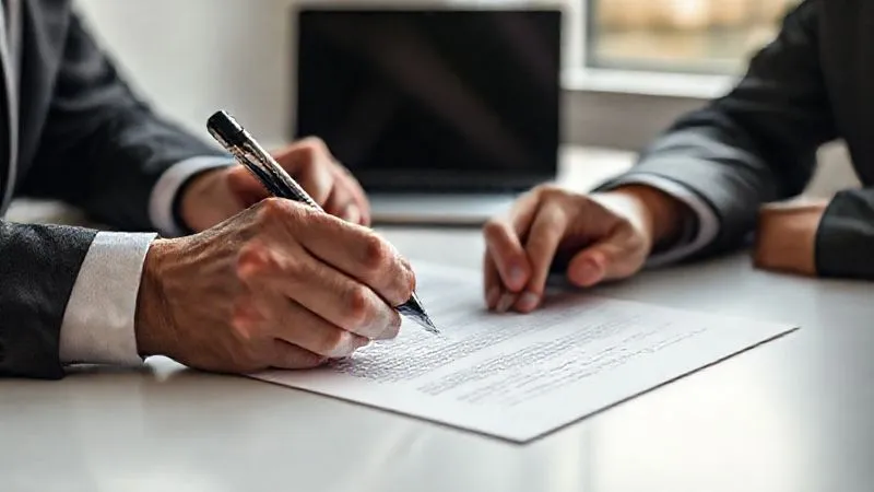 A photorealistic image of a detailed, modern contract document being signed by two professionals, with a pen poised over the signature line. The scene is set on a sleek, minimalist table with soft, focused lighting. Sharp focus on the document and hands, depth of field subtly blurring a laptop in the background. 8K hyper-detailed, professional photography, cinematic lighting, shot on a high-end DSLR.