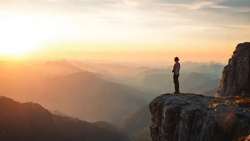 A photorealistic image of a person standing confidently at the edge of a mountain cliff, overlooking a vast, inspiring landscape at sunrise. The individual is looking towards the horizon, symbolizing vision, determination, and overcoming challenges. Cinematic lighting, sharp focus on the person, depth of field blurring the distant mountains, 8K hyper-detailed, professional photography, shot on a high-end DSLR.