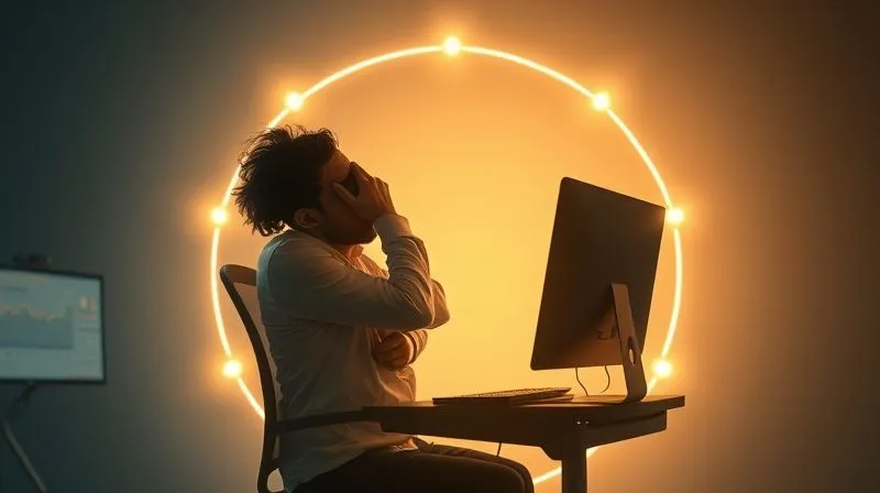 A photorealistic image of a digital freelancer, initially hunched and stressed, transforming into a figure surrounded by a subtle, glowing aura of ergonomic tools (e.g., a vertical mouse, ergonomic keyboard, supportive chair outline). The background shifts from chaotic to serene. The image conveys protection, well-being, and empowerment. Professional photography, 8K, cinematic lighting, sharp focus, depth of field. Shot on a high-end DSLR.