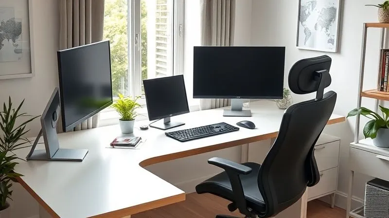 A photorealistic image of a modern, clean, and well-organized home office setup. The desk features an ergonomic chair, a monitor at eye level, an ergonomic keyboard, and a vertical mouse. Natural light streams through a window, illuminating a plant on the desk. The overall impression is one of calm, productivity, and health. Professional photography, 8K, cinematic lighting, sharp focus, depth of field. Shot on a high-end DSLR.