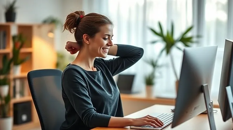 A photorealistic image of a female web freelancer at her ergonomic desk, gently stretching her neck and shoulders. She has a relaxed smile, indicating comfort and well-being. The background shows a modern, bright home office with subtle natural light. Professional photography, 8K, cinematic lighting, sharp focus on the person, depth of field blurring the background. Shot on a high-end DSLR.