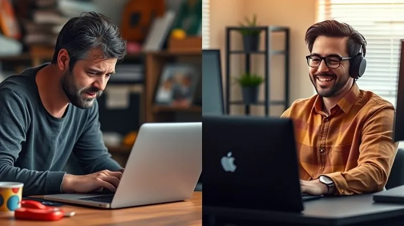 A photorealistic image showing two contrasting scenarios side-by-side. On the left, a freelancer hunched over a standard laptop, looking stressed and in pain, with a blurred, chaotic background. On the right, the same freelancer, now smiling and comfortable in an ergonomic setup with proper posture, bathed in warm, soft light, with a clear, organized background. The contrast highlights the benefits of ergonomics. Professional photography, 8K, cinematic lighting, sharp focus on both figures, depth of field. Shot on a high-end DSLR.