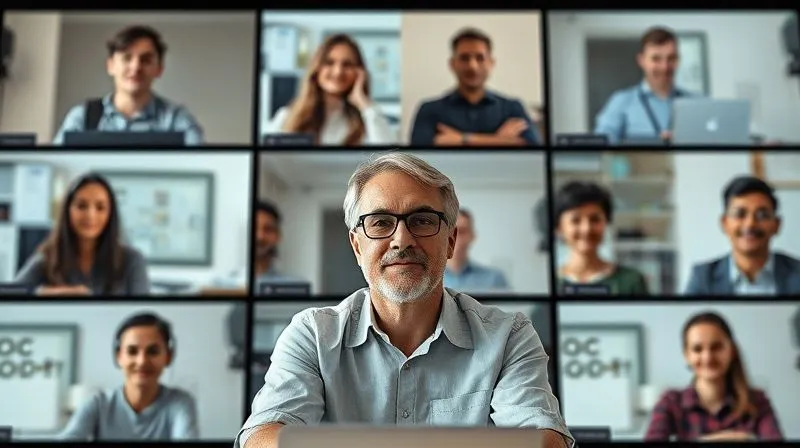 A photorealistic image of a diverse group of people participating in a video conference, each in a different location, with a clean and modern user interface visible on their screens. The central figure is actively speaking, and others are engaged. Cinematic lighting, sharp focus on the faces and screens, depth of field, 8K hyper-detailed, shot on a high-end DSLR.