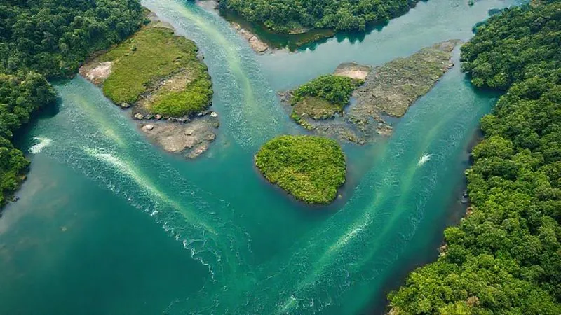 A photorealistic image of a lush, vibrant river delta, with multiple streams of water converging into a larger, calm lake. Each stream represents a different revenue source (e.g., retainers, digital products, partnerships). Overhead view, cinematic lighting, sharp focus, depth of field. 8K hyper-detailed, shot on a high-end DSLR.