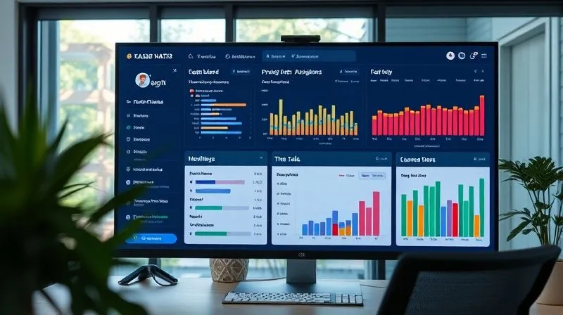 A photorealistic image of a sleek, modern project management dashboard on a large monitor, displaying various tasks, timelines, and team member assignments with progress bars, vibrant colors, and clear data visualization. Cinematic lighting, sharp focus on the dashboard details, depth of field blurring a professional home office setting, 8K hyper-detailed, shot on a high-end DSLR.