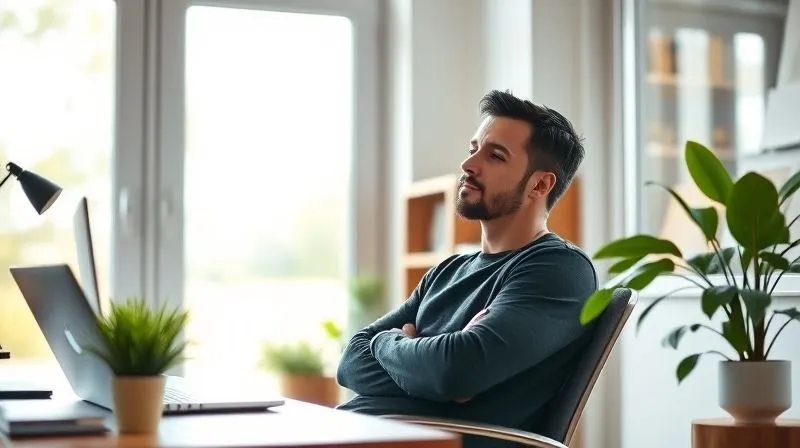 A photorealistic image of a person sitting comfortably in a well-lit home office, looking relaxed and focused, with a vibrant green plant on the desk and a window showing a serene view outside. The scene evokes a sense of calm productivity and work-life balance. Cinematic lighting, sharp focus on the individual, depth of field blurring the background, 8K hyper-detailed, shot on a high-end DSLR.