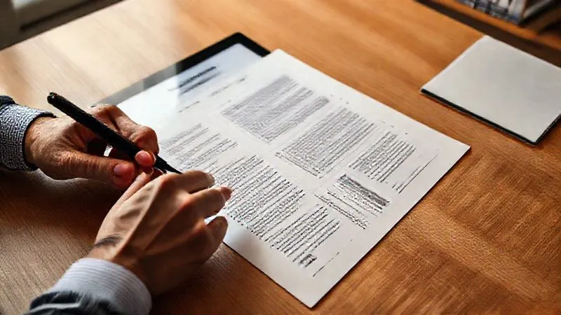 Photorealistic image of two hands, one of a designer holding a pen, the other of a client, pointing at different sections of a meticulously designed project brief document spread on a modern wooden desk. A tablet displaying a Photoshop interface is subtly blurred in the background, symbolizing the early stages of project planning before design work begins. Professional photography, 8K, cinematic lighting, sharp focus on the document, depth of field.