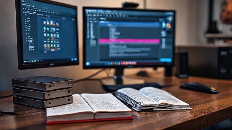 Photorealistic image of a professional desktop setup with a large monitor displaying a Photoshop interface, showing multiple layers and a clear file naming convention. On the desk, there are neatly stacked external hard drives and a notebook with revision logs. The scene is well-lit with cinematic lighting, sharp focus on the organized files and screen, depth of field blurring the background, 8K hyper-detailed.