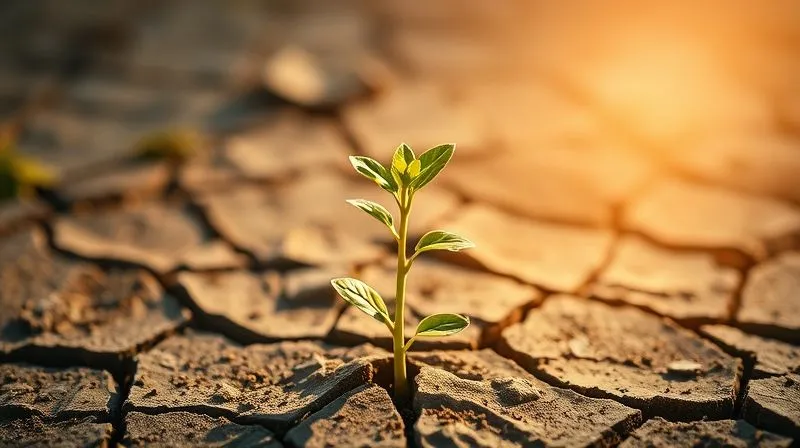 A photorealistic, professional photography, 8K, cinematic lighting, sharp focus, depth of field, shot on a high-end DSLR of a strong, healthy sapling growing out of a cracked, dry ground, symbolizing financial resilience and growth from a challenging starting point (instable income). The sapling is reaching towards a warm, hopeful light.