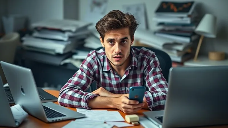 A photorealistic, professional photography, 8K image of a bewildered freelancer sitting at a desk overflowing with multiple open laptops, scattered paper notes, and a smartphone buzzing with notifications. The freelancer's face shows stress and overwhelm, with cinematic lighting highlighting the chaos. Sharp focus on the scattered items, depth of field blurring the background, shot on a high-end DSLR. The image evokes a feeling of being drowned in work.