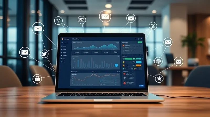 A photorealistic, professional photography, 8K image depicting a Notion dashboard on a laptop screen, with subtle glowing lines connecting different sections and external app icons (like a mail icon, a calendar icon, a messaging app icon) around it, symbolizing seamless automation. Cinematic lighting, sharp focus on the interconnected elements, depth of field blurring a modern, clean office background, shot on a high-end DSLR. The image conveys efficiency and interconnectedness.
