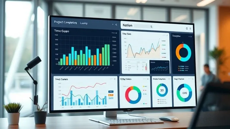 A photorealistic, professional photography, 8K image of a clean, minimalist Notion dashboard on a large monitor, displaying various charts and graphs (bar charts for project completion, line graphs for time tracking, pie charts for client distribution). The data is clearly visualized and actionable. Cinematic lighting, sharp focus on the dashboard elements, depth of field blurring a modern, well-lit workspace, shot on a high-end DSLR. The image radiates clarity and control.