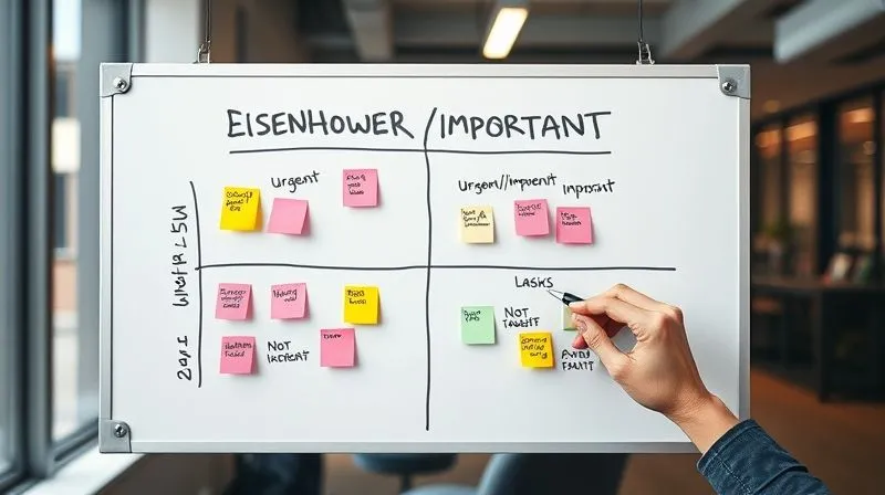 A photorealistic image of a whiteboard with the Eisenhower Matrix clearly drawn, showing four quadrants (Urgent/Important, Not Urgent/Important, Urgent/Not Important, Not Urgent/Not Important) filled with colorful sticky notes representing tasks. A hand with a pen is pointing to the 'Urgent/Important' quadrant. Cinematic lighting, sharp focus on the whiteboard, depth of field blurring the background of a modern office. 8K hyper-detailed, professional photography, shot on a high-end DSLR.