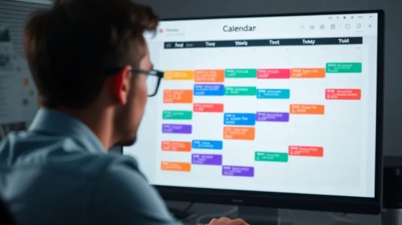 A photorealistic image of a highly organized digital calendar on a computer screen, showing color-coded blocks for different types of tasks (e.g., 'Deep Work - Writing', 'Client Calls', 'Admin'). A focused freelancer is seen in the foreground, slightly blurred, working calmly at their desk. Cinematic lighting, sharp focus on the calendar, depth of field. 8K hyper-detailed, professional photography, shot on a high-end DSLR.