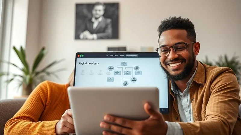 A photorealistic image of two diverse professionals (freelancer and client) engaged in a clear and positive video call, with a shared screen showing a project roadmap or a clear communication plan. Both individuals appear focused and collaborative. Cinematic lighting, sharp focus on their faces and the screen, depth of field. 8K hyper-detailed, professional photography, shot on a high-end DSLR.