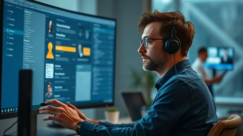 A photorealistic image showing a freelancer (main subject) calmly reviewing tasks on a large monitor, while in the background, subtly blurred, a virtual assistant or collaborator is seen efficiently handling other digital tasks on a separate screen. The scene emphasizes seamless team collaboration and delegation. Cinematic lighting, sharp focus on the main freelancer, depth of field. 8K hyper-detailed, professional photography, shot on a high-end DSLR.