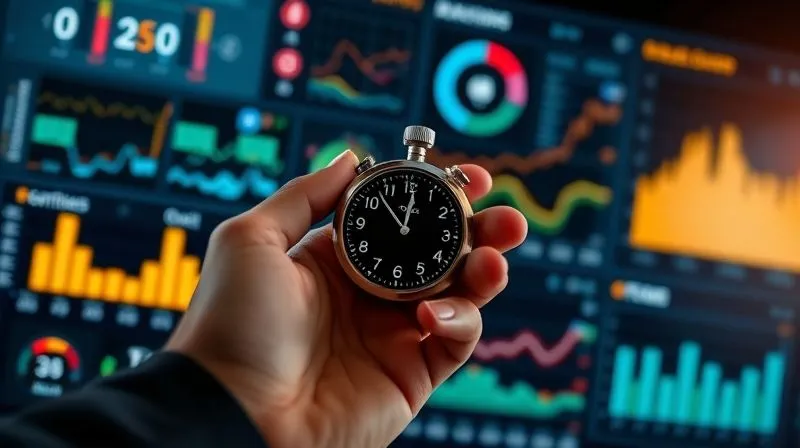 A photorealistic image of a person's hand holding a stopwatch, with a blurred background showing a complex digital dashboard displaying various time tracking metrics, charts, and graphs. Cinematic lighting, sharp focus on the stopwatch, depth of field, 8K hyper-detailed, professional photography, shot on a high-end DSLR.
