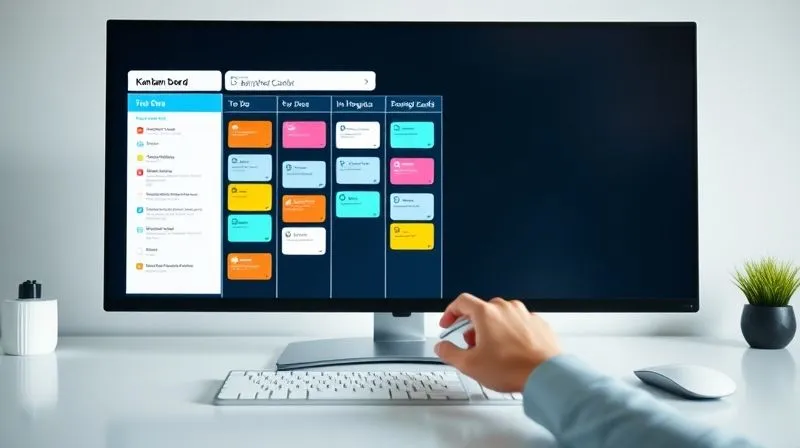A photorealistic image of a clean, minimalist desk with a large monitor displaying a digital Kanban board. The board shows multiple columns like 'To Do,' 'In Progress,' 'Awaiting Feedback,' and 'Done,' each filled with colorful task cards. A person's hand is hovering over a mouse, ready to drag a card. Cinematic lighting, sharp focus on the monitor, depth of field blurring the background, 8K hyper-detailed, professional photography, shot on a high-end DSLR.