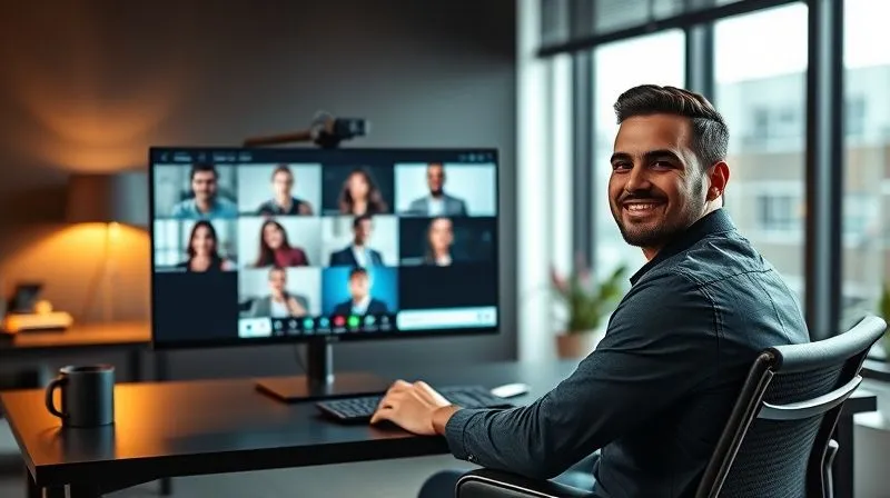 A photorealistic image of a professional freelancer sitting at a modern desk, calmly communicating with multiple clients via a sleek video conferencing setup on a large monitor. The screen shows several video call windows with different client faces. The freelancer is smiling, exuding confidence and control. Cinematic lighting, sharp focus on the freelancer and screen, depth of field blurring the background, 8K hyper-detailed, professional photography, shot on a high-end DSLR.