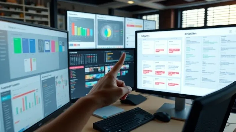 A photorealistic image of a complex, well-organized freelancer's workspace with multiple screens displaying project dashboards, a clear calendar, and a 'delegation' section. A hand is pointing at a section labeled 'high-value tasks' on one screen, emphasizing strategic focus. Cinematic lighting, sharp focus on the workspace, depth of field blurring the background, 8K hyper-detailed, professional photography, shot on a high-end DSLR.