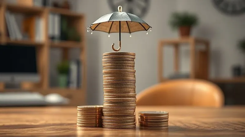 A photorealistic image of a stack of coins forming a strong, stable pyramid on a wooden table, with a small, stylized umbrella protecting it from droplets of rain. The background is a slightly blurred home office setting, conveying financial security. Cinematic lighting, sharp focus on the coins, depth of field. 8K hyper-detailed, professional photography, shot on a high-end DSLR.