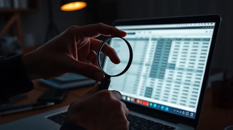 A photorealistic image of a freelancer's hand holding a magnifying glass over a complex financial spreadsheet on a laptop screen, highlighting different income streams and diversified investments. The background shows a dimly lit but organized workspace. Cinematic lighting, sharp focus on the screen and hand, depth of field. 8K hyper-detailed, professional photography, shot on a high-end DSLR.