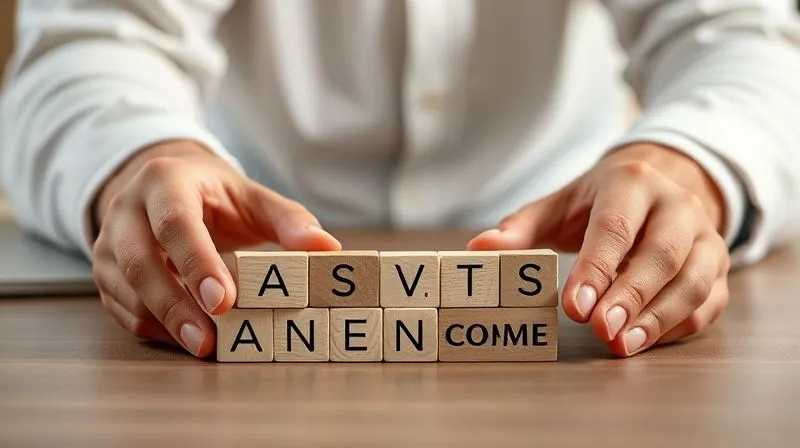 A photorealistic image of a person's hands meticulously arranging small wooden blocks, each labeled with a financial category (e.g., 'Savings', 'Investments', 'Taxes', 'Fixed Costs', 'Variable Income'), on a minimalist desk. The scene conveys organization, planning, and control amidst a slightly abstract background suggesting financial flows. Cinematic lighting, sharp focus on the hands and blocks, depth of field. 8K hyper-detailed, professional photography, shot on a high-end DSLR.