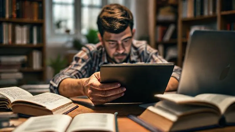 A photorealistic image of a person intensely focused on a tablet, surrounded by open books and a laptop, symbolizing continuous learning and professional development. The scene is set in a cozy, well-lit study, with cinematic lighting emphasizing concentration. Sharp focus on the tablet, depth of field blurring the background, 8K hyper-detailed, professional photography, shot on a high-end DSLR.