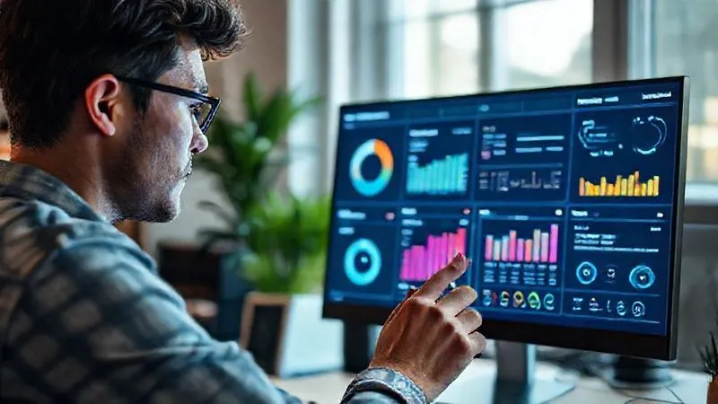 A photorealistic image of a freelancer carefully reviewing a digital dashboard displaying project metrics and personal well-being indicators. The screen shows charts and graphs related to time spent, client satisfaction, and stress levels. The freelancer is thoughtful, in a well-lit, organized office. Cinematic lighting, sharp focus on the screen, depth of field blurring the background, 8K hyper-detailed, professional photography, shot on a high-end DSLR.
