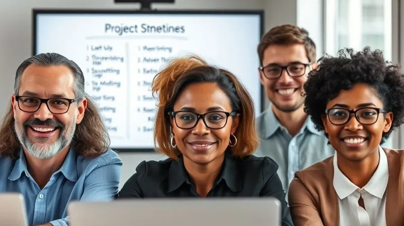 A photorealistic image of a diverse group of professionals in a video conference call, each with a clear, focused expression, looking at their screens. A whiteboard with project milestones and clear objectives is visible in the background of one participant's screen. Cinematic lighting, sharp focus on the faces, depth of field, 8K, professional photography, shot on a high-end DSLR.
